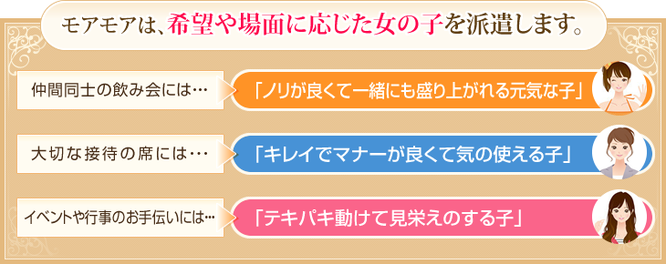 モアモアは、希望や場面に応じた女の子を派遣します。